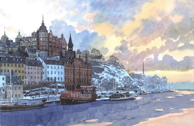 Reproducerad akvarell/giclée - Vinterkväll vid Södermälarstrand